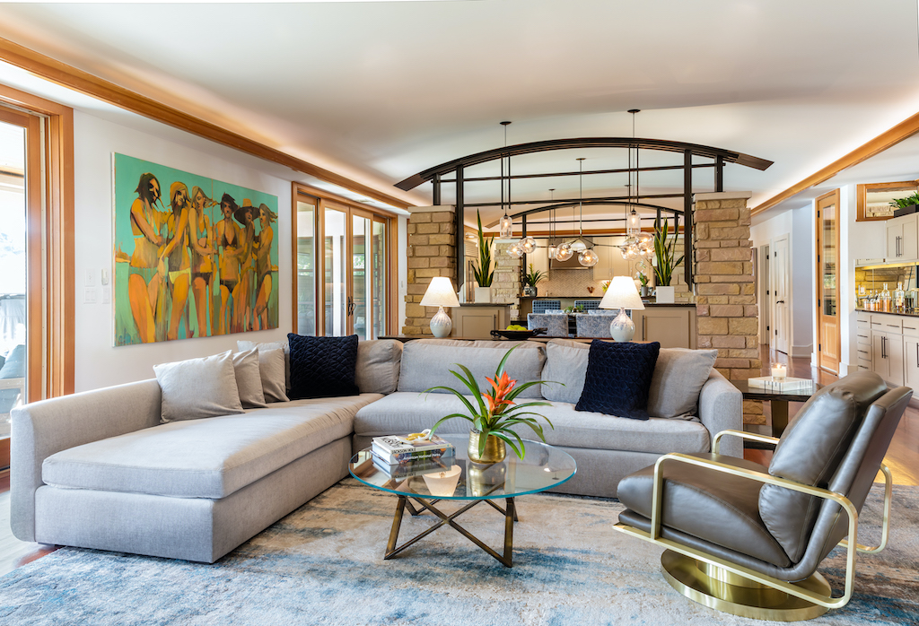 austin lakefront home custom luxury living room grey sectional sofa