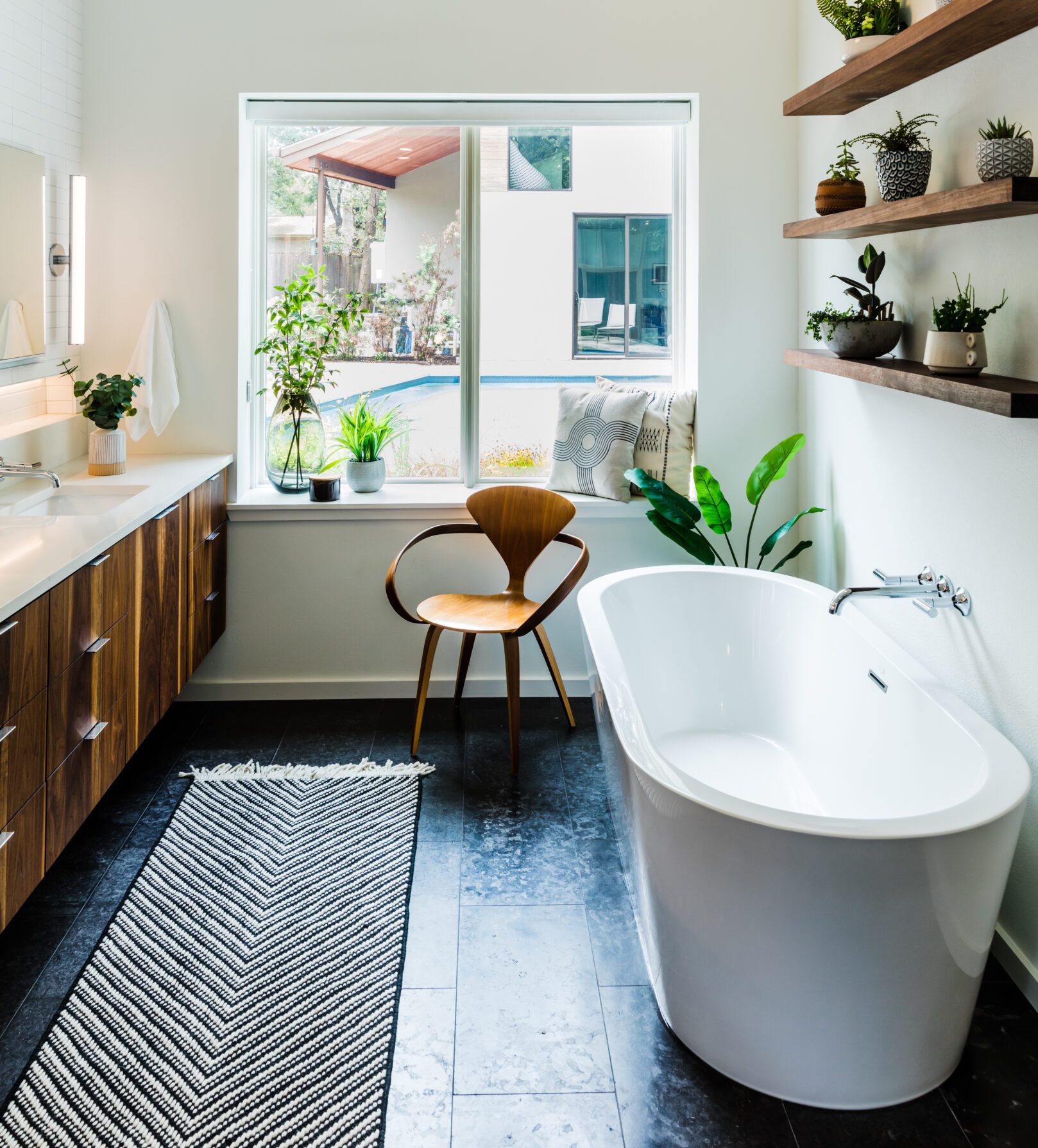 austin organic modern luxury bathroom remodel freestanding tub custom and floating vanity