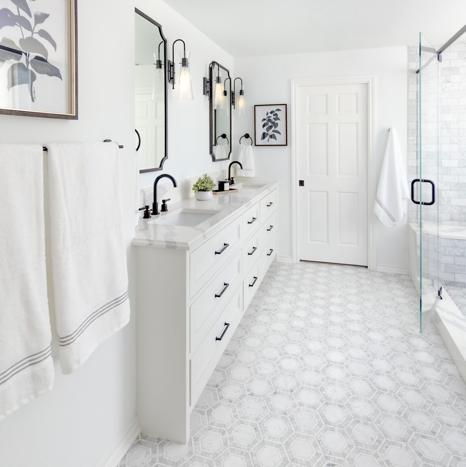 westlake austin luxury bathroom remodel custom white vanity black accents