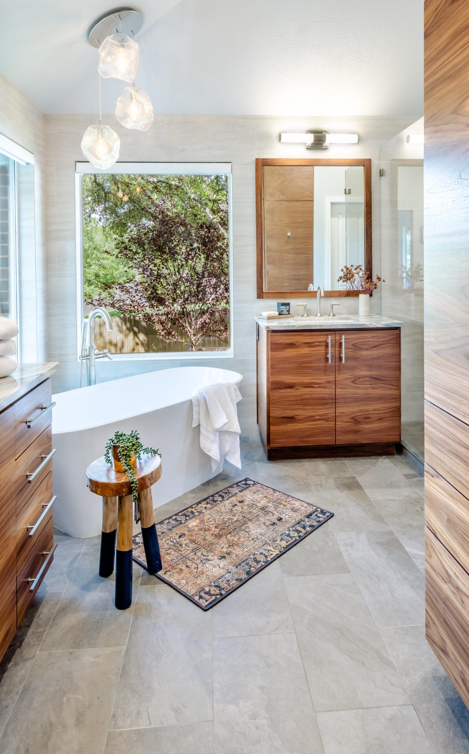 austin organic modern luxury bathroom remodel freestanding tub custom walnut vanity
