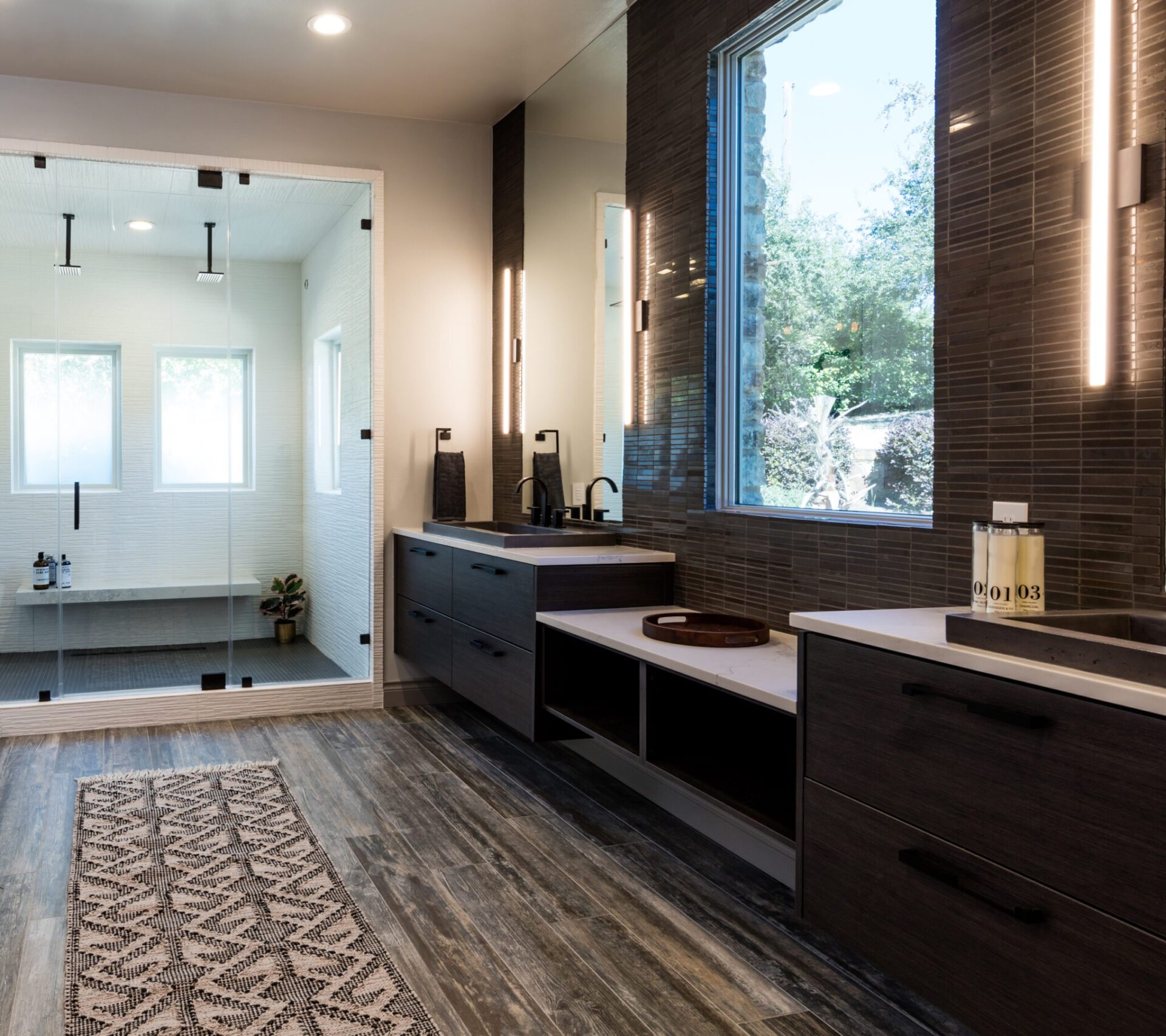 austin bathroom remodel with organic modern moroccan rug steam shower