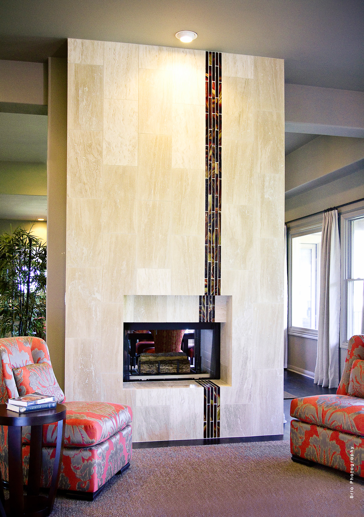 austin lakefront custom luxury living room modern double sided stone fireplace