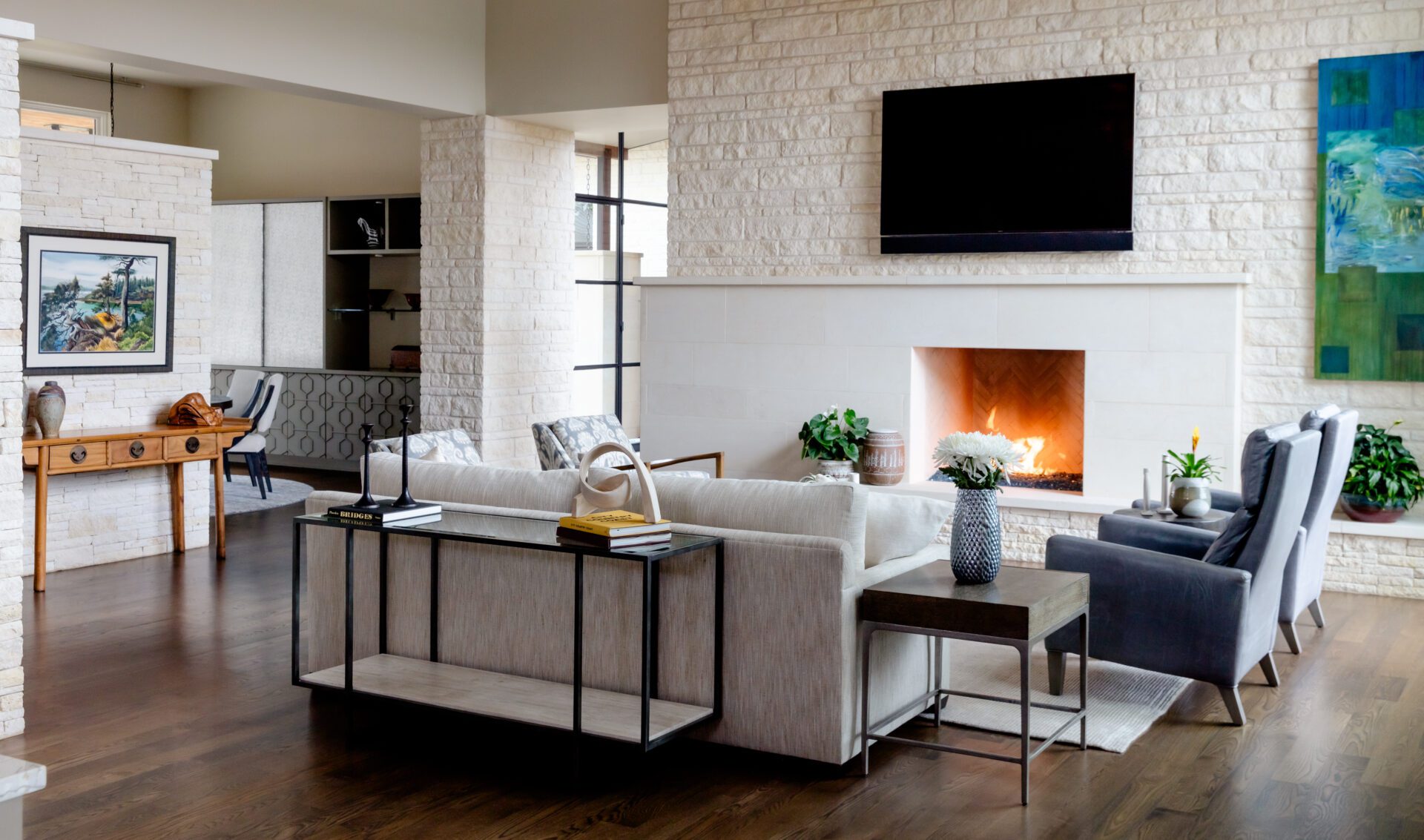 westlake austin interior design luxury living room stone fireplace transitional modern clean furniture