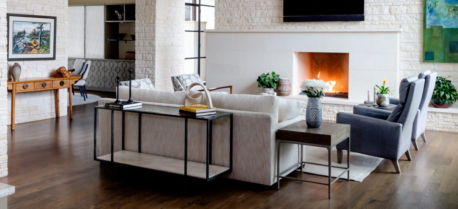 westlake austin interior design luxury living room stone fireplace transitional modern clean furniture