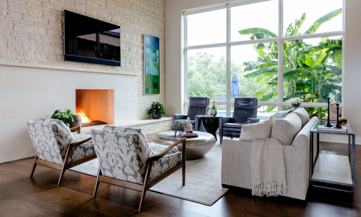 Westlake Austin Interior Design Luxury Living Room Stone Fireplace Transitional Modern Clean Furniture 1536x925 