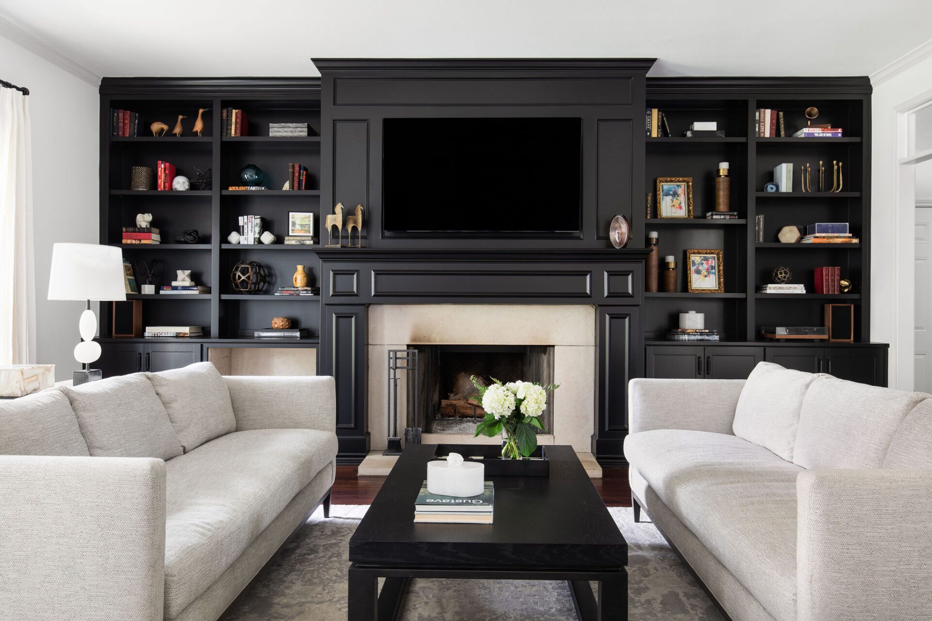 westlake luxury family room clean transtional modern black fireplace