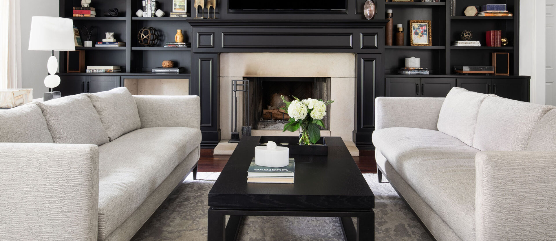 westlake luxury family room clean transtional modern black fireplace