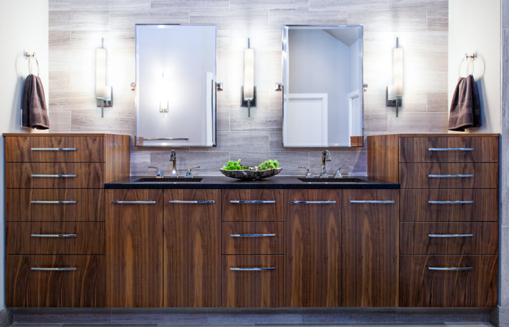 westlake austin luxury bathroom remodel custom walnut vanity modern lights